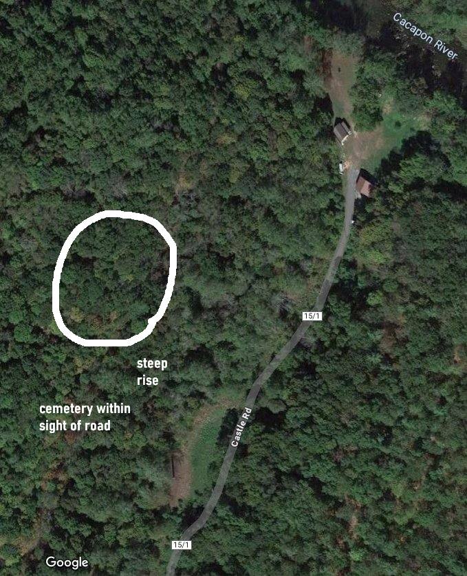 circle shows approximate location of cemetery on steep slope circle shows approximate location