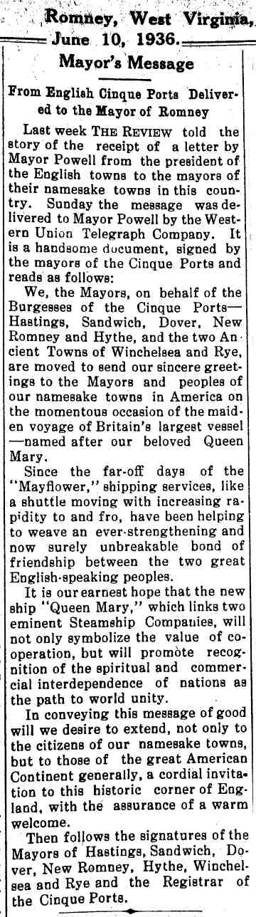 newspaper article on gift from Cinque Port Mayors